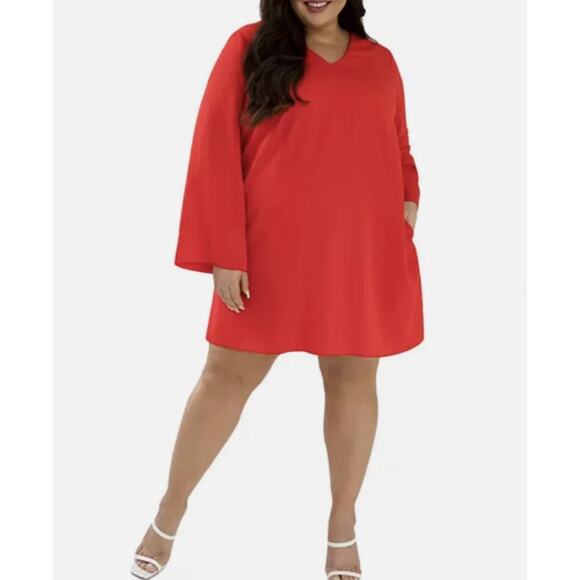 Maree Pour Toi Red Shift Dress Women’s Plus Size 26 Long Sleeve V-neck 3389 - Picture 1 of 14